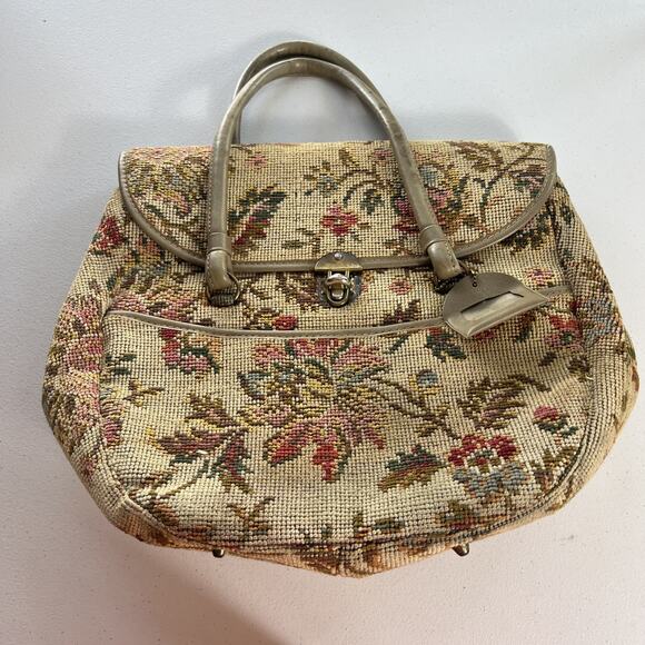 Olla Handbag Twist Lock Floral Tapestry Double Handle Inner Divider Outer Pocket - Picture 1 of 13